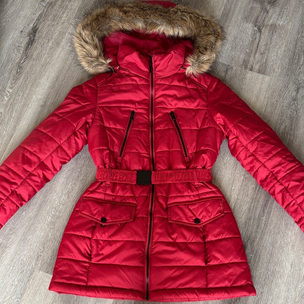 Women's Red Quilted Jacket with Faux Fur Hood